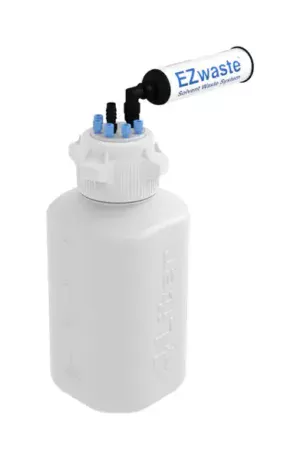EZwaste® HPLC Solvent Waste System, 4 L HDPE Heavy Duty Reusable Bottle, 83 mm (83B) VersaCap with Six (6x) Ports for 1/8 Inch O.D. Tubing; One (1x) Hose Barb Port for 1/4 or 3/8 Inch I.D. Tubing & Filter, 1/EA