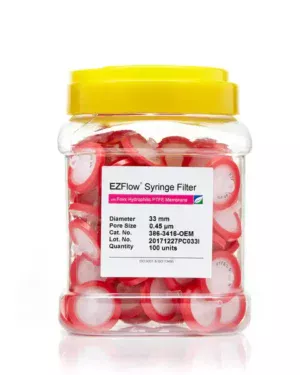 EZFlow® Non-Sterile Hydrophilic PTFE Syringe Filters, 0.45 µm Pore Size Membrane for Prefiltration and Sample Prep, 33 mm, 100/PK