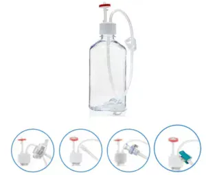 EZBio® Single Use Media Bottle Assembly, 1000 mL (1 L) Sterilized Polycarbonate (PC) Bottles for Aseptic Sampling and Sterile Storage, 38-430 mm VersaCap with Vent and Dip Tube, 10/CS
