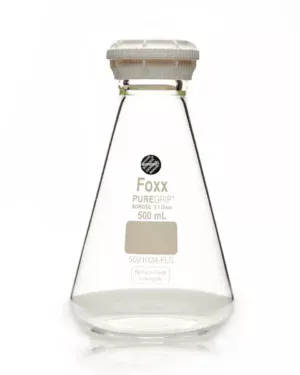 PUREGRIP Reusable Glass Erlenmeyer Flasks with GL45 VersaCap Screw Cap and Pouring Ring, 500 mL, 10/CS