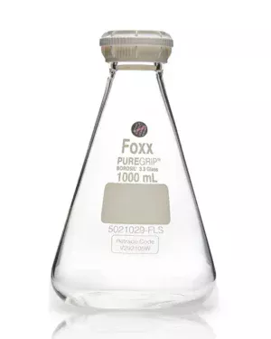 PUREGRIP Reusable Glass Erlenmeyer Flasks with GL45 VersaCap Screw Cap and Pouring Ring, 1 L (1,000 mL), 10/CS