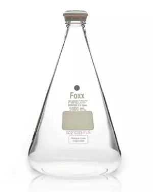 PUREGRIP Reusable Glass Erlenmeyer Flasks with GL45 VersaCap Screw Cap and Pouring Ring, 5 L (5,000 mL), 2/CS