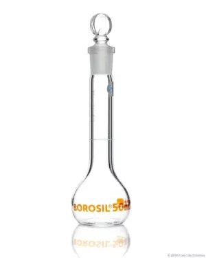 Borosil® Wide Mouth Class A Volumetric Flasks with Interchangeable Solid Glass  Pennyhead Stopper (14/23), Individual Certificate, 50 mL, 10/CS