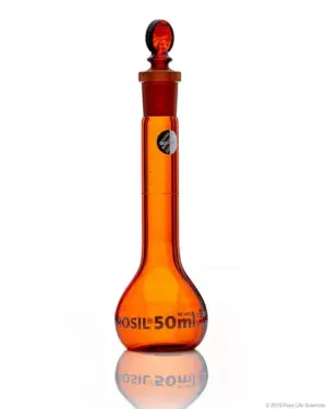 Borosil® Amber Light-Blocking Wide Mouth Class A Volumetric Flasks with Glass Pennyhead Stopper (14/23), Individual Certificate, 50 mL, 10/CS