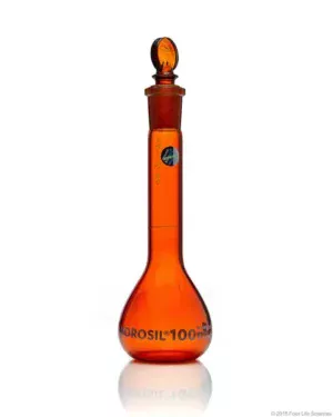 Borosil® Amber Light-Blocking Wide Mouth Class A Volumetric Flasks with Glass Pennyhead Stopper (19/26), Individual Certificate, 100 mL, 10/CS