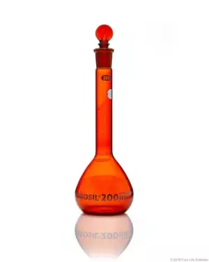 Borosil® Amber Light-Blocking Wide Mouth Class A Volumetric Flasks with Glass Pennyhead Stopper (19/26), Batch Certificate, 200 mL, 10/CS