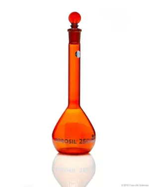 Borosil® Amber Light-Blocking Wide Mouth Class A Volumetric Flasks with Glass Pennyhead Stopper (19/26), Batch Certificate, 250 mL, 10/CS