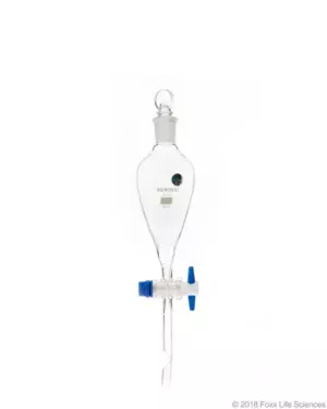 Borosil® Glass Separatory Funnels Pear Shape with stem PTFE Stopcock I/C Glass stopper, USP Type I Borosilicate 3.3, ISO 4800, 125 mL, 10/CS