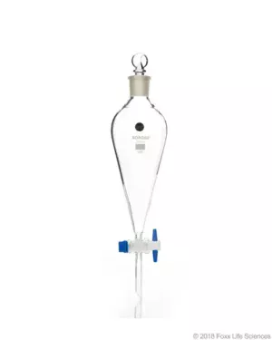 Borosil® Glass Separatory Funnels Pear Shape with stem PTFE Stopcock I/C Glass stopper, USP Type I Borosilicate 3.3, ISO 4800, 500 mL, 10/CS