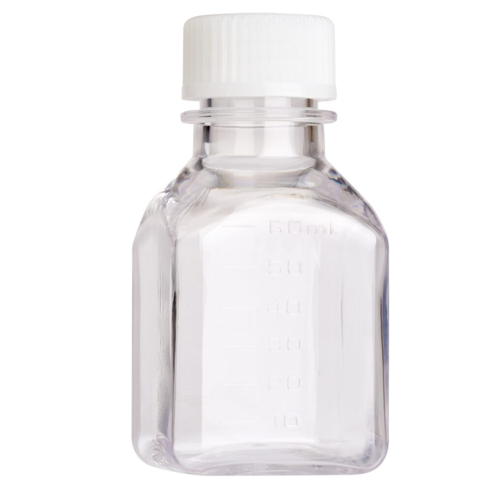 60mL Media Bottle, Square, PETG, Tamper Evident, Bulk, Sterile