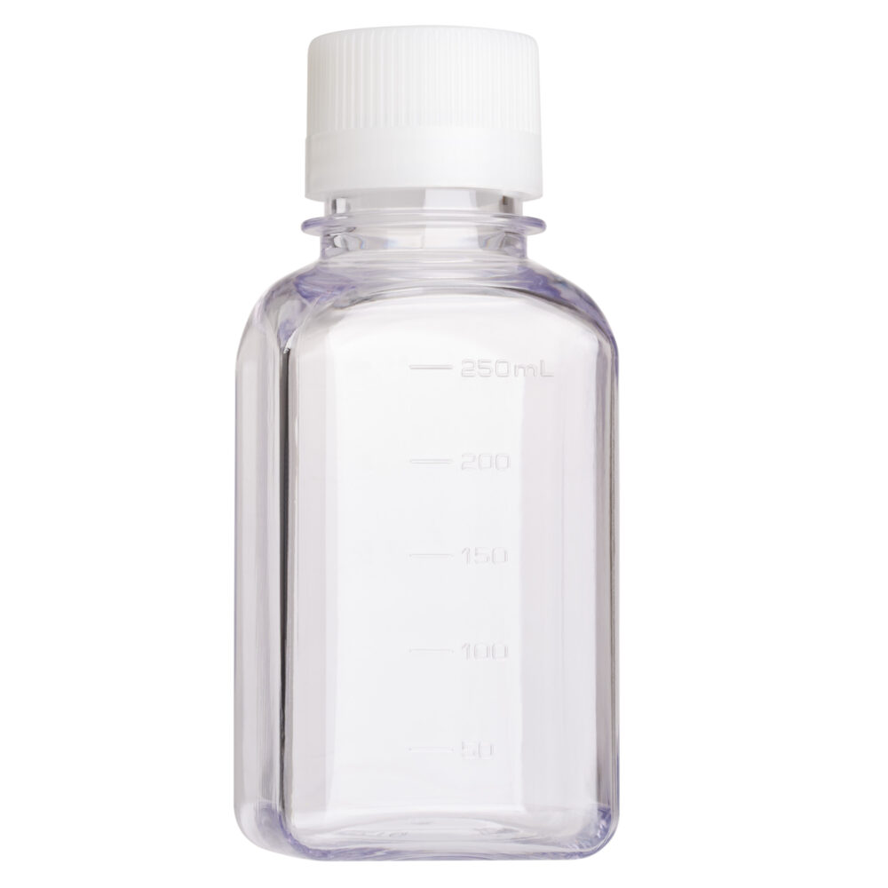 250mL Media Bottle, Square, PETG, Tamper Evident, Bulk, Sterile