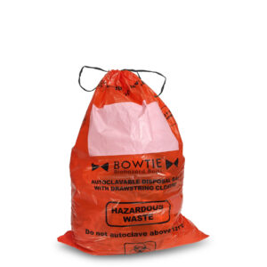Bowtie™ Biohazard bags, autoclave bag with drawstring, PE, 25 x 35in. (64 x 89cm), with marking area and sterilization indicator, 100/pk