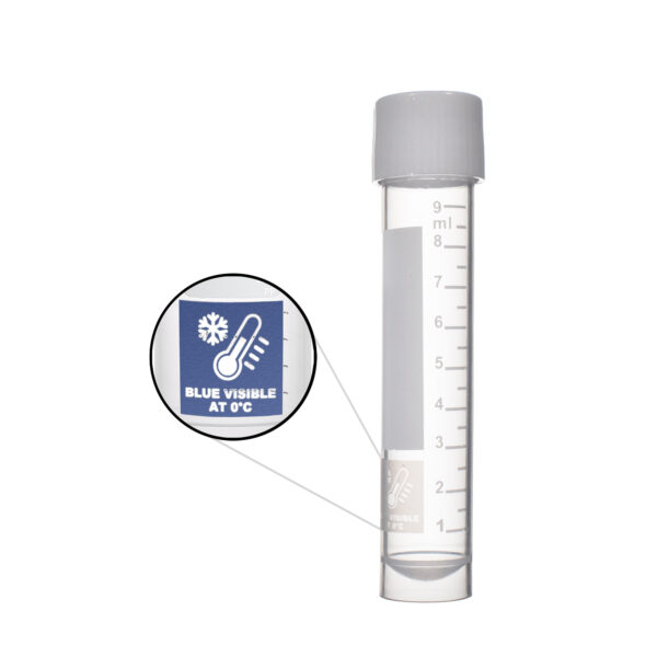 Transport Tube, with FreezeTech™ Temperature Indicator (turns blue at 0 degrees C), 5mL, attached screw-cap, printed graduations, sterile, 5 bags of 100 tubes and caps, 500/cs
