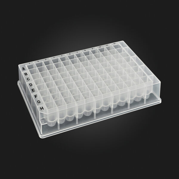 OptiWell™ Deep Well Plate, 96 Round Well, 0.4mL, 14.75mm height, F-bottom, Black Alphanumeric Printing, PP, Sterile, 10 bags of 10 pieces, 100 / CS