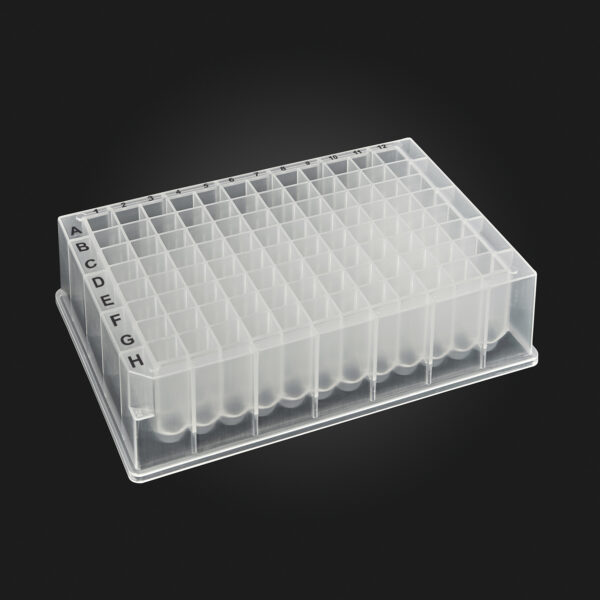 OptiWell™ Deep Well Plate, 96 Round Well, 1.1mL, 27.0mm height, V-bottom, Black Alphanumeric Printing, PP, Sterile,10 bags of 5 pieces, 50 / CS