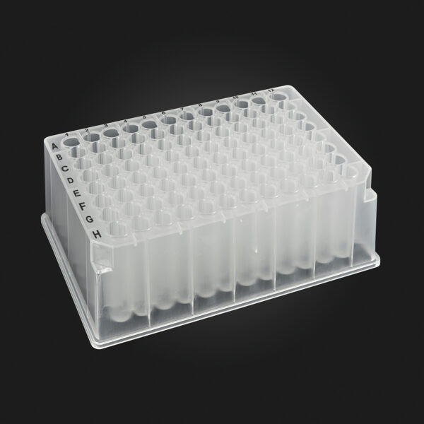 OptiWell™ Deep Well Plate, 96 Round Well, 1.2mL, 42.5mm height, F-bottom, for Abgene, Black Alphanumeric Printing, PP, 10 bags of 5 pieces, 50 / CS