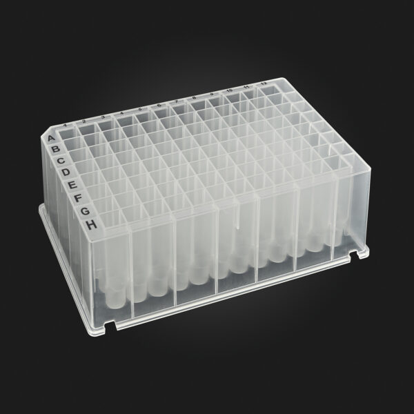 OptiWell™ Deep Well Plate, 96 Square Well, 1.6mL, 31.6mm height, U-bottom, Black Alphanumeric Printing, PP, Sterile, 10 bags of 5 pieces, 50 / CS
