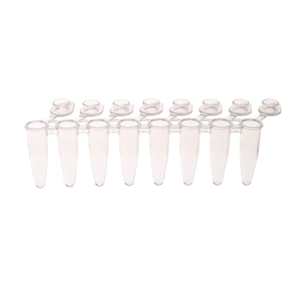 PCR 8-Strip Tubes, 0.2mL, Attached Flat Caps, Clear