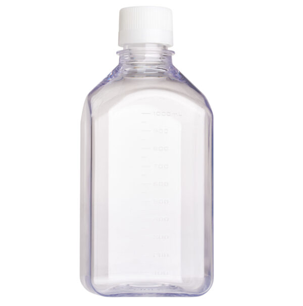 1000mL Media Bottle, Square, PETG, Bulk, Sterile