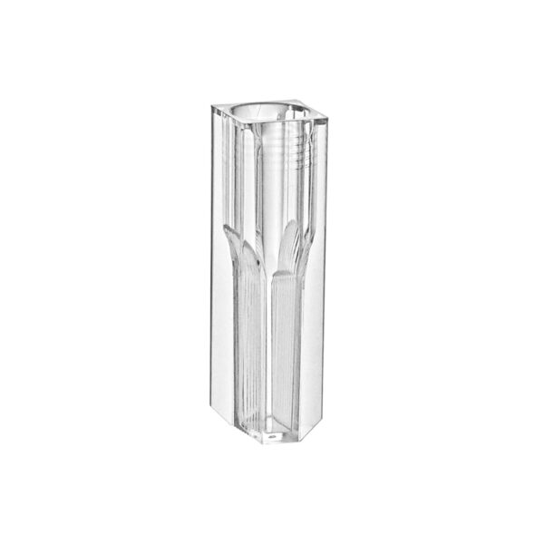 Spectrophotometer Cuvette, PS, 1.5mL semi-micro, round opening, 10mm light path, 340-800nm range, 2 optical sides, 10 trays of 100, 1000/cs