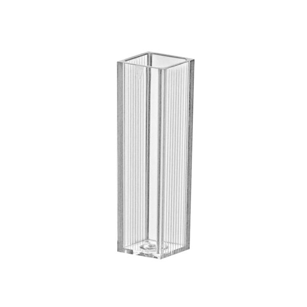 Spectrophotometer Cuvette, PS, 4.5mL macro, square opening, 10mm light path, 340-800nm range, 2 optical sides, 10 trays of 100, 1000/cs