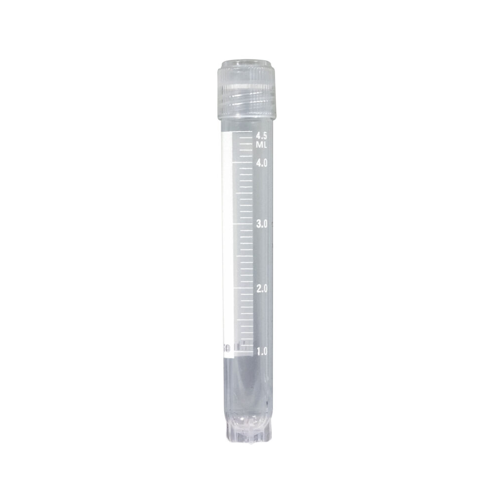 Cryogenic Vials, externally threaded caps with silicone O-ring, 5mL, sterile, printed graduations and marking area, self-standing star foot, 50-place locking rack included with each case, 10 resealable bags of 50 tubes, 500/cs