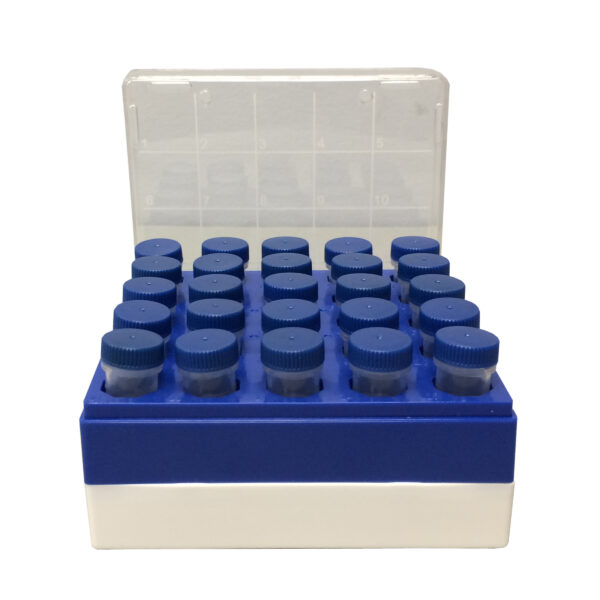 Cardboard freezer box with hinged lid, 3 inch, with insert for 25 snap-cap 5mL MacroTubes, 5.25 x 5.25 x 3 inches, 5/pk