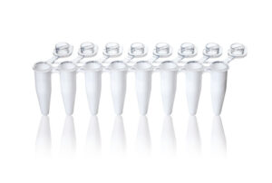 PCR Rigid 8-tube strips w/ind att flat caps, clr, .2ml,q120