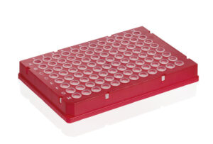PCR-plate 96-well, Rigid Frame, PC/PP blue full skirt. Low Profile, 50 pcs transparent, 0,15 ml