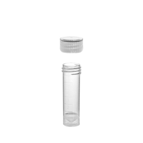 Transport Tube, sterile, 16 x 60mm, 5ml, with O-ring screw-cap, printed graduations, self-standing, 100 tubes per bag, with caps attached, 1000/cs