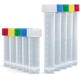 Transport Tube, 10 mL, with Attached White Screw Cap, PP, Conical Bottom, Self-Standing, Molded Graduations