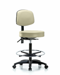 Vinyl Stool with Back - High Bench Height with Seat Tilt, Chrome Foot Ring, and Casters in Burgundy Trailblazer Vinyl