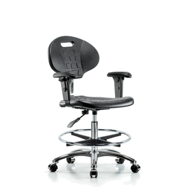 Class 10 Erie Polyurethane Clean Room Chair - Medium Bench Height with Adjustable Arms, Chrome Foot Ring, and Casters in Blue Polyurethane