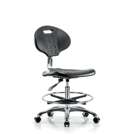 Class 10 Erie Polyurethane Clean Room Chair - Medium Bench Height with Chrome Foot Ring and Casters in Blue Polyurethane