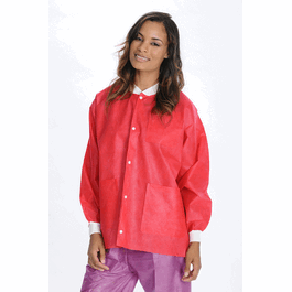 ValuMax Extra-Safe SMS Lab Jackets, Hip Length, 3 Pockets, Snap Front, Knit Cuffs and Collar, Red, 2XL