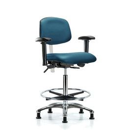 Class 100 Vinyl Clean Room Chair - High Bench Height, Seat Tilt, Adj Arms, Chrome Foot Ring, Stationary Glides, Carbon Supernova Vinyl