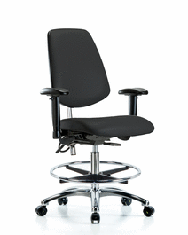 Class 100 Vinyl Clean Room/ESD Chair - Medium Bench Height, Medium Back, Seat Tilt, Adj Arms, Chrome Foot Ring, ESD Casters, Blue ESD Vinyl