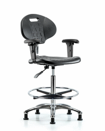 Class 10 Erie Polyurethane Clean Room Chair - High Bench Height, Adjustable Arms, Chrome Foot Ring and Stationary Glides, Blue Polyurethane