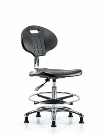 Class 10 Erie Polyurethane Clean Room Chair - Medium Bench Height with Chrome Foot Ring and Stationary Glides in Blue Polyurethane