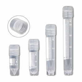 Cryogenic Vials, externally threaded caps with silicone o-ring, 1mL, sterile, printed graduations and marking area, self-standing star foot, 50-place locking rack included with each case, 10 resealable bags of 50 tubes, 500/cs