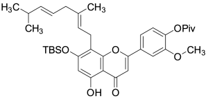 7-(tert-Butyldimethylsilyl)oxy-8-((2E,5E)-3,7-dimethylocta-2,5-dien-1-yl) Cannflavin A Pivalate