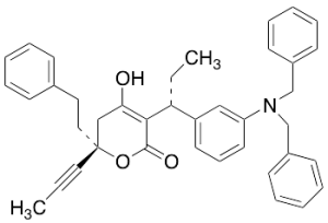 [R-(R*,R*)]-3-[1-[3-[Bis(phenylmethyl)amino]phenyl]propyl]-5,6-dihydro-4-hydroxy-6-(2-phenylethyl)-6-(1-propynyl)-2H-pyran-2-one