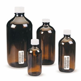 Thermo Scientific I-Chem Unprocessed 500 mL (16 oz) Boston Round Narrow-Mouth Amber Glass Bottles with 28-400 mm Closure