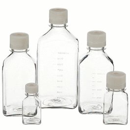 Nalgene Square PETG Media Bottles with Septum Closure: Sterile, Shrink-Wrapped Trays, 60 mL, 24 mm HDPE Cap with Silicone/PTFE Septum