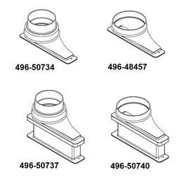 Upper Exhaust Transition Adapter, one-piece molded PE, 2 x 10 in. rectangular to 5 in. diameter round for connection to 6 in. O.D. duct