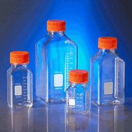 1 L Square PET Storage Bottle with GL45 Orange PP Plug Seal Cap, Sterile