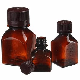 Nalgene Square Amber PETG Media Bottles with Closure: Non-sterile, Shrink-Wrapped Trays, 60 mL, 24 mm Amber HDPE Closure