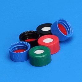 J.G. Finneran Preassembled R.A.M. 9 mm Ribbed Screw Thread Closures with Bonded PTFE/Silicone Septa, Red