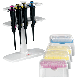 Finnpipette F2 GLP Kit 2, includes 4 Finnpipette F2 Pipettors from 0.2 to 1000 uL, F-Stand and Finntips