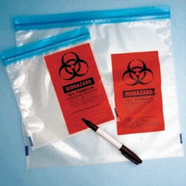 Liquid Tight Ziplock Bags for Specimen Storage with Formalin Warning Printing, Saranex, 9 x 12 in.